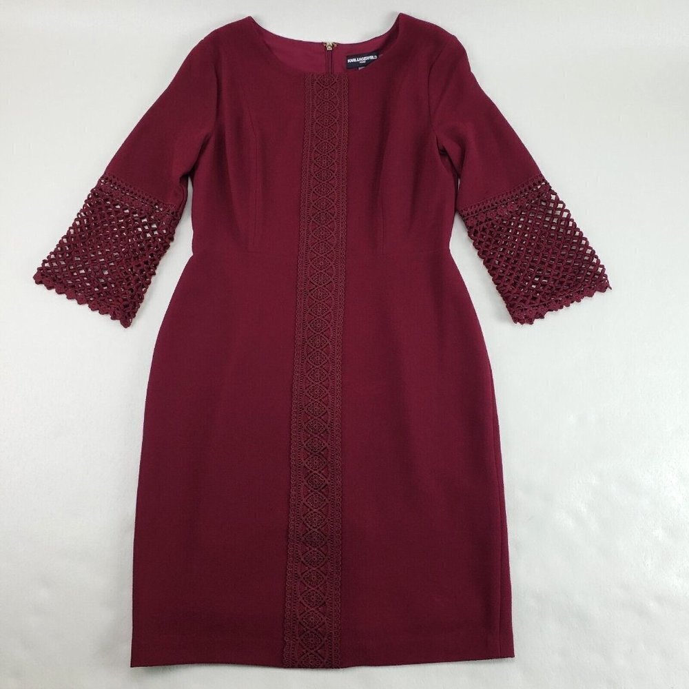 Karl Lagerfeld Lace Embroidered Dress Womens 8 Burgundy Knee Length 3/4 Sleeve